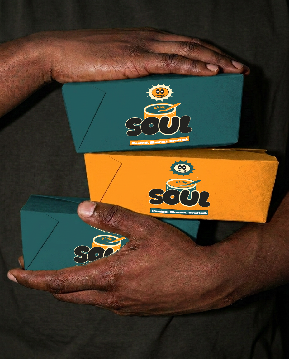 Restaurant brand identity design for Soul in a Bowl, featuring a custom logo, typography, colour palette, hoodie design, apparel branding, and visual identity.