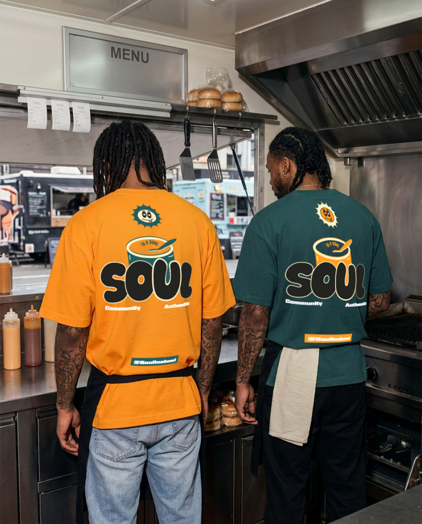 Restaurant brand identity design for Soul in a Bowl, featuring a custom logo, typography, colour palette, hoodie design, apparel branding, and visual identity.
