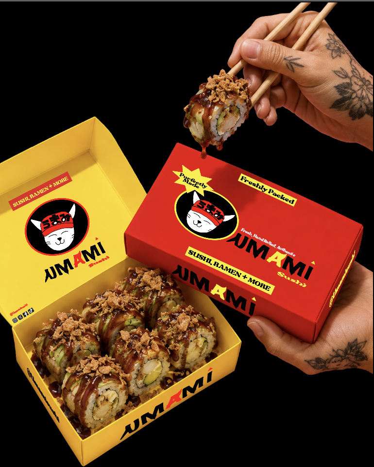 custom made sushi box design for a local Japanese restaurant business showcasing brand identity, custom typography and colour palette