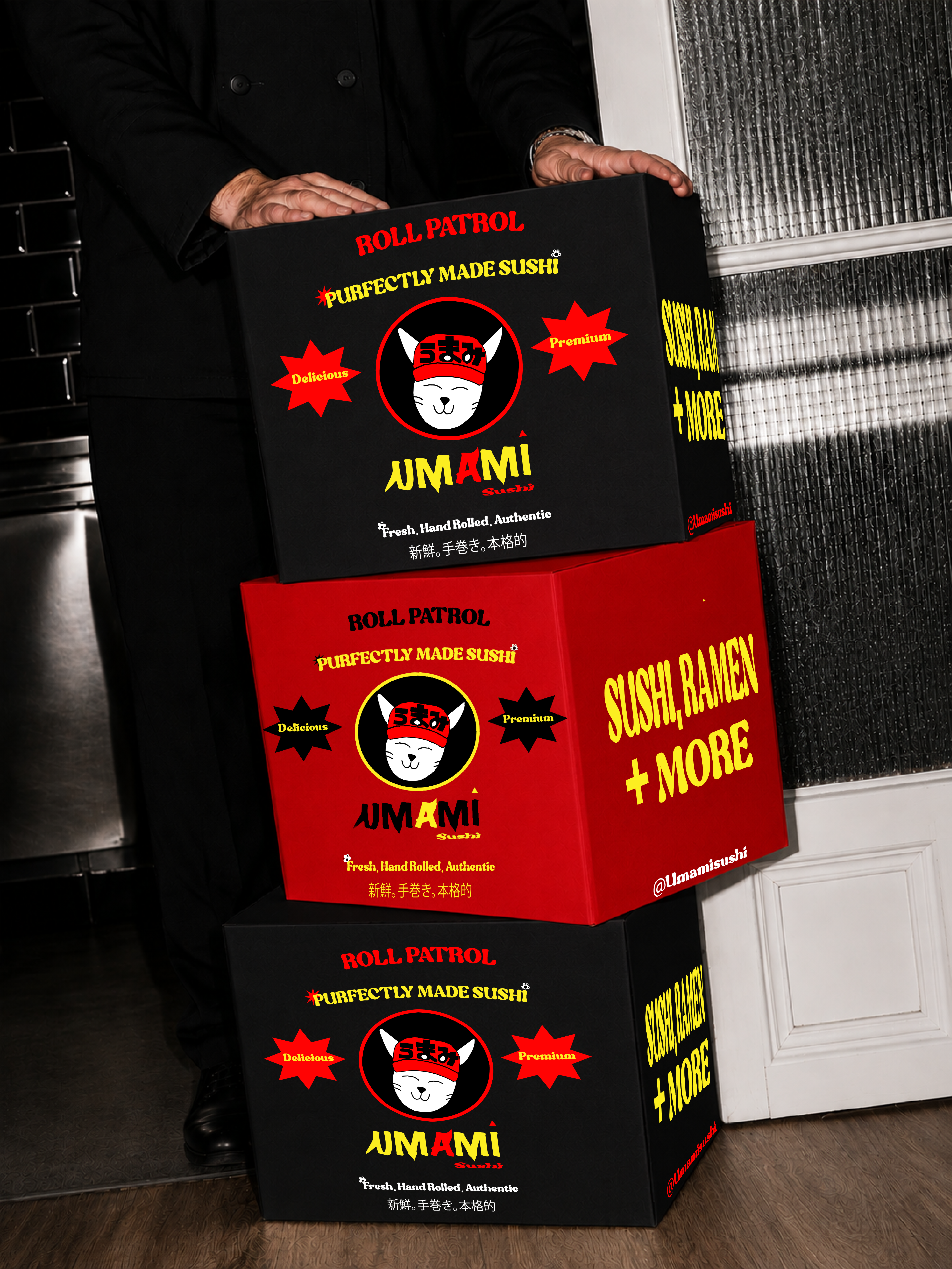 custom made delivery box design for a local Japanese restaurant business showcasing brand identity, custom typography and colour palette