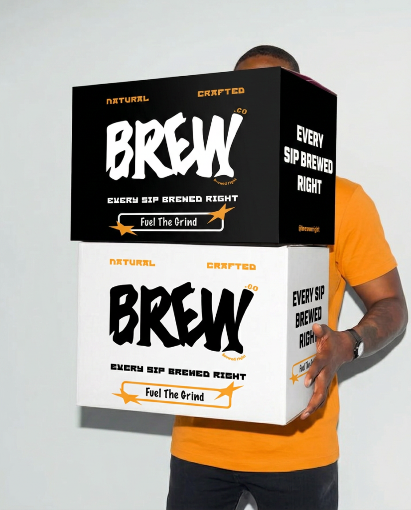 custom box design for a local coffee shop showcasing brand identity, custom typography and colour palette 