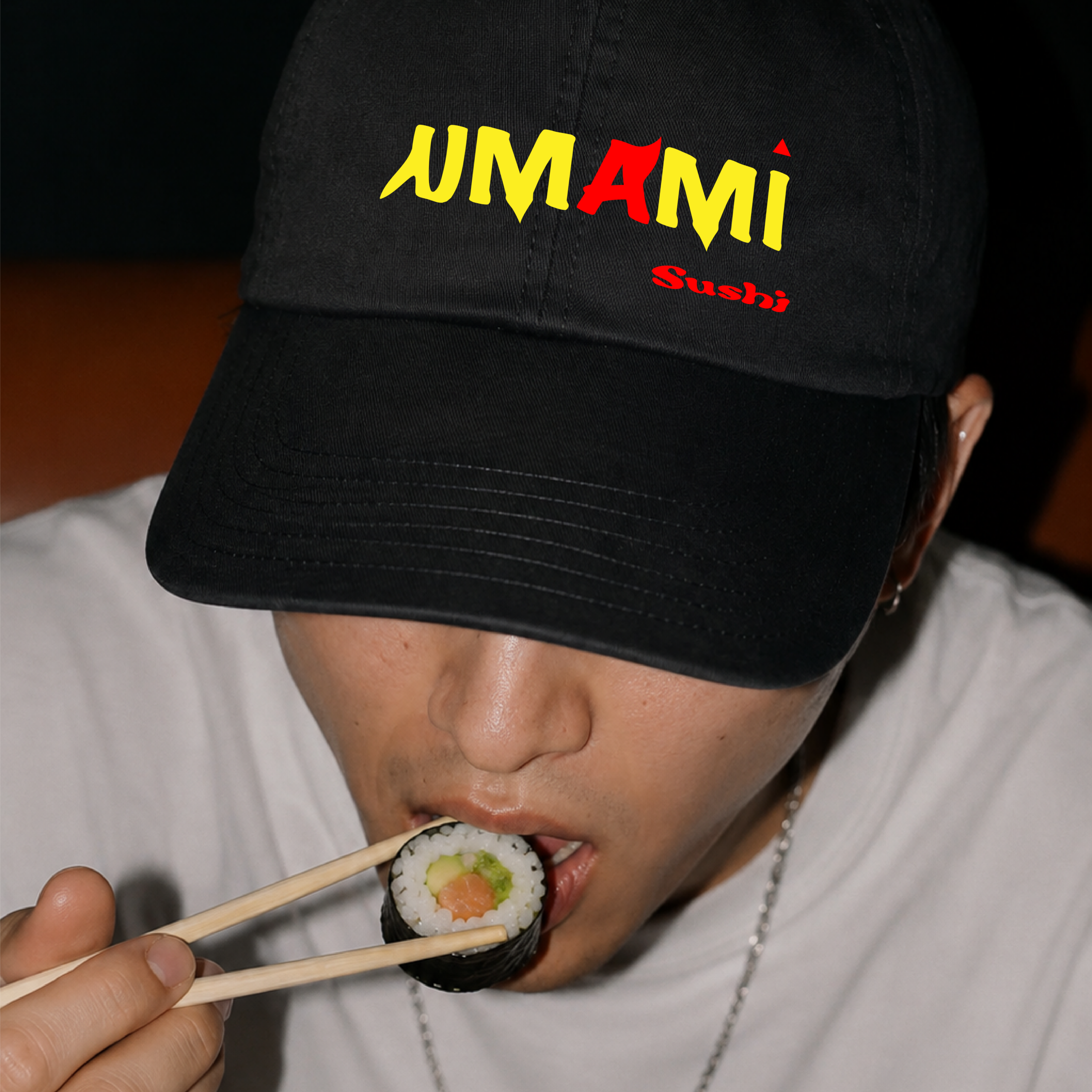 custom made cap design for a local Japanese restaurant business showcasing brand identity, custom typography and colour palette