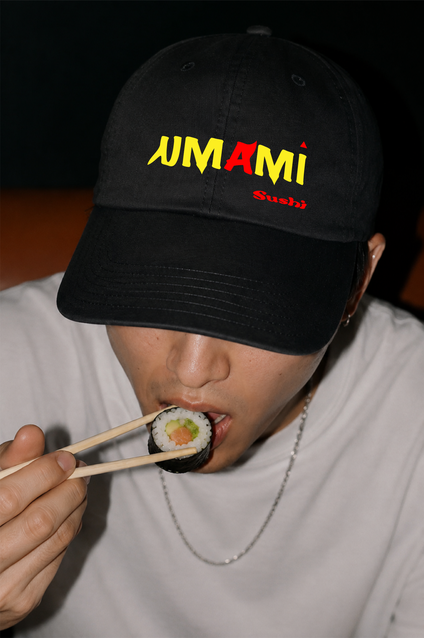 custom made cap design for a local Japanese restaurant business showcasing brand identity, custom typography and colour palette