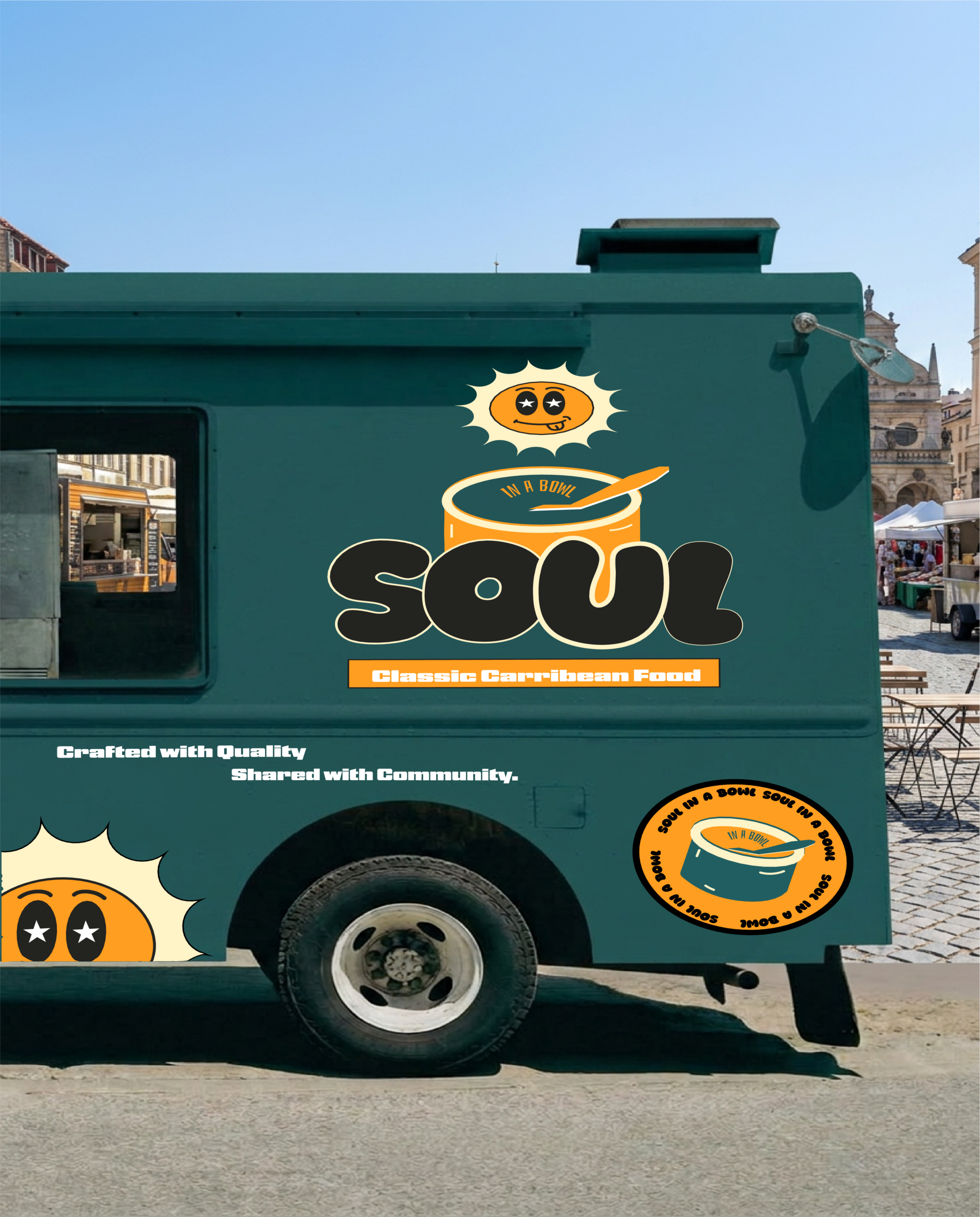 custom made food truck van design for a local Caribbean food truck showcasing brand identity, custom typography and colour palette